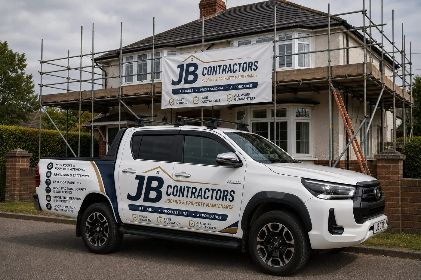 Camelford Roofing pickup truck on site at a scaffolded roofing job in Camelford