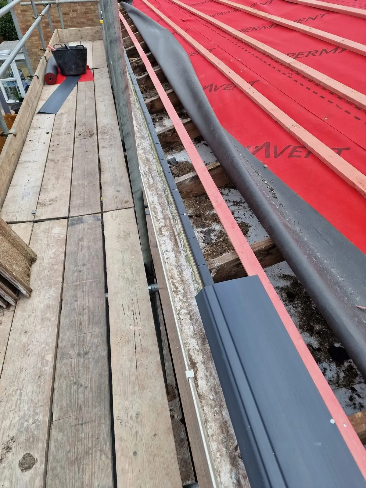 Breathable membrane and battens fitted during a re-roof in Camelford